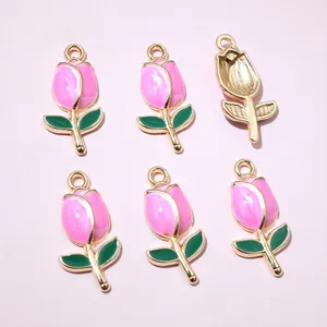 Detailed pink tulip flower charms with golden plating and enamel for DIY jewelry making