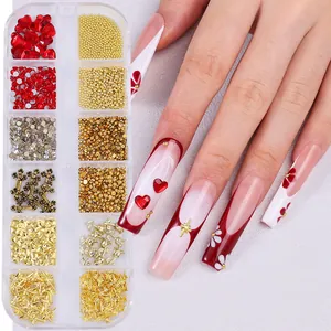 Long red French press-on nails set with gold roses, crosses and 12-grid nail art charms