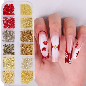 12 Grids Nail Art Decorations Set Red Heart Rhinestones Gold Metal Rose Cross Star Studs For DIY Manicure Women Beauty Accessories