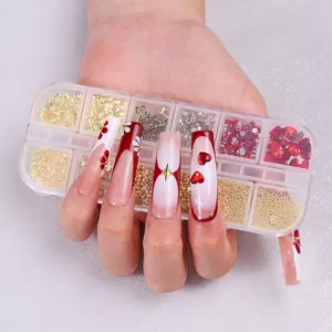 French red long coffin false nails with gold rose and crystal nail art accessories set