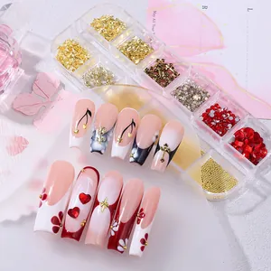 Detail of red French long coffin nails with gold cross, roses and 12-grid crystal kit