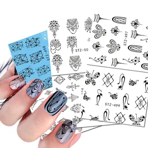 Autocollants pour Ongles à Ligne Noire Minimaliste Mandala Géométrique Dentelle Papillon Chat Design Décalcomanies de Transfert d'Eau pour Décoration d'Ongles Femme