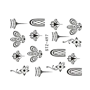 Stickers à ongles transfert d'eau motifs géométriques noirs et fleurs mandalas STZ-497