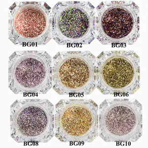 Macro detail of nine shimmering nail glitter pots in various metallic and laser hues