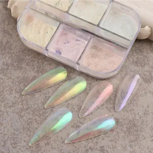 Detalle del set de polvo de uñas aurora de 6 rejillas con acabados cromados iridiscentes