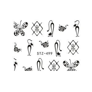 Stickers à ongles transfert d'eau motifs papillon chat rose et géométriques noirs STZ-499