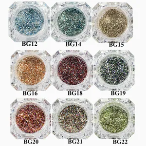 Macro display of 9-color metallic nail glitter powders in clear textured square jars