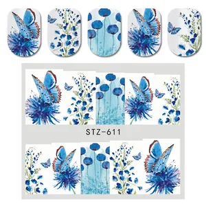 Vista detallada de pegatinas para uñas STZ-611 con mariposas azules y diseños florales