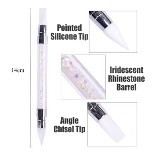 Penna per nail art a doppia testa con punta in cera, cono in silicone e corpo con strass