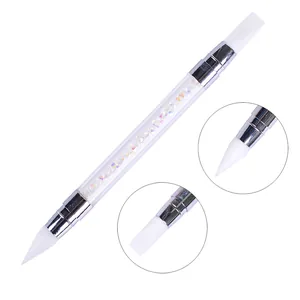 Penna per nail art a doppia punta in silicone con cristalli e punte bianche piatte