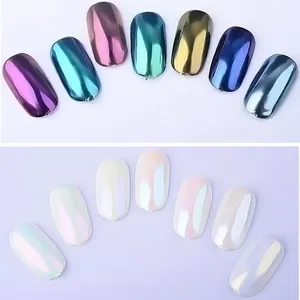 Polvos para uñas cromo y aurora con efectos metálicos y perlados en muestras de color