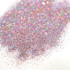 Macro view of holographic nail art glitter powder with shimmering metallic laser finish