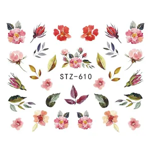 Detalle de pegatinas de uñas STZ-610 de flores acuarela con pétalos rosas y hojas verdes