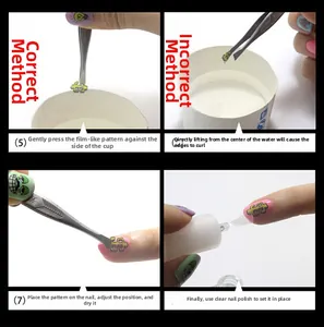 Pasos macro 5 a 8 para aplicar pegatinas de uñas con posicionamiento y sellado de acabado
