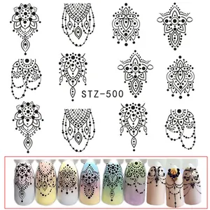 Stickers à ongles dentelle mandala STZ-500 avec lignes géométriques noires et colliers