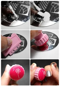 Step-by-step tutorial for nail art stamping with steel plate scraper and silicone stamper