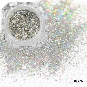 Fine silver holographic nail glitter powder with rainbow effect in a clear jar