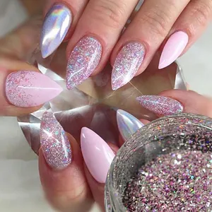 Holographic pink nail glitter flakes for DIY manicure on long almond nails