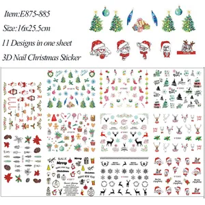 3D Christmas nail stickers with Santa Claus, reindeer, and snowflakes patterns