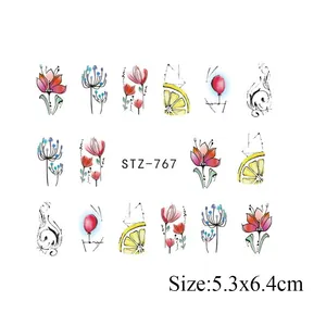 Stickers à l'eau pour nail art avec roses mauves et motifs citrons, modèle STZ-767