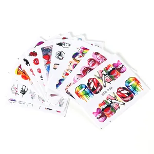 Artistic nail art water decals featuring sexy lips and rose patterns set on white background