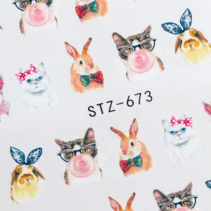Detail van STZ-673 nail art stickers met schattige cartoon katten en konijntjes