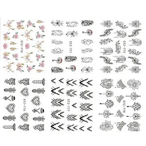 Vue détaillée de 6 décalcomanies d'ongles roses violettes et motifs bohèmes géométriques