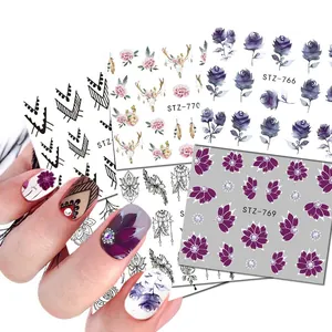 Stickers pour Ongles Transfert d'Eau Rose Violette Mandala Géométrique Variété de Motifs Floraux pour Décoration de Manucure Femme