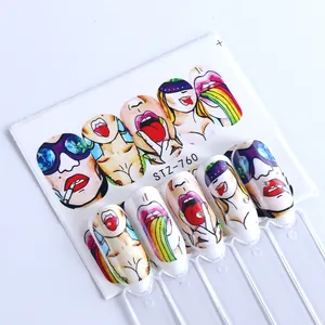 Pop art nail stickers set with sexy lips and cool girls designs for nail art decoration