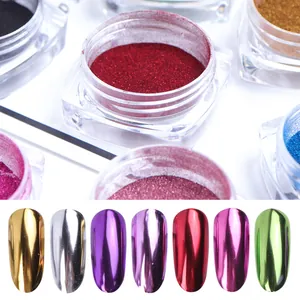 Macro detail of seven chrome nail powders with metallic mirror finish sample nail tips