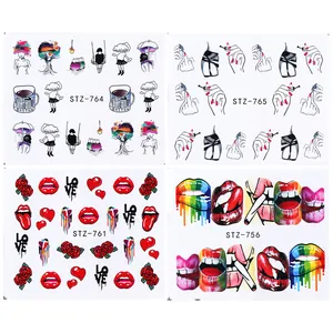 Artistic nail decals set featuring lips, retro hearts, and abstract line art designs