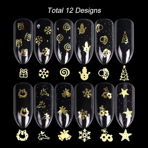Detailed set of 12 gold metal Christmas nail charms including snowflakes and reindeer