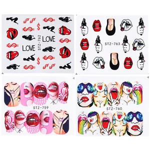 Detail of American pop art nail water decals with red lips and money motifs on four sheets