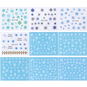 Detailed grid showing diverse Christmas nail stickers with snowflake and angel patterns