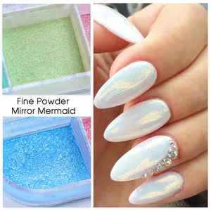 Poudre fine pour ongles effet miroir sirène en vert clair et bleu ciel avec fini aurore