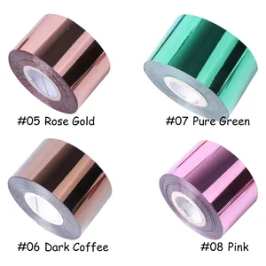 Rollos de láminas para manicura en oro rosa, café oscuro, verde puro y rosa metálico