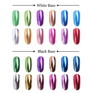 Metallic chrome nail powder showing mirror effects on black and white base colors