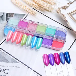 Vue détaillée de la palette de 12 poudres à ongles aurore avec nuanciers à effet perlé