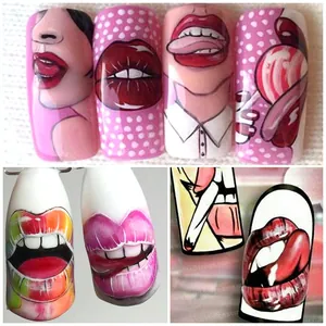 Detail of Pop Art nail stickers featuring sexy lips and street style graphic patterns