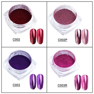 Detail showing four shades of metallic chrome nail powder in jars with mirror finish tips
