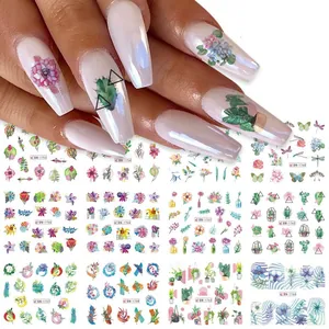 Calcomanías de agua para uñas con flores y suculentas para diseños de manicura arte