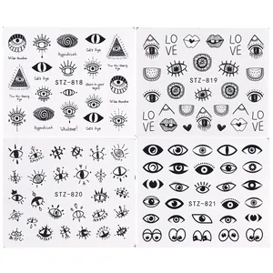 Détail de quatre planches de stickers pour ongles avec yeux noirs et motifs géométriques