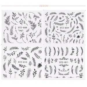 Floral leaf pattern nail art stickers set with black vine designs for elegant manicure