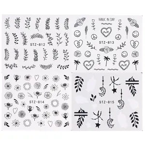 Detailed grid view of black line nail art stickers featuring floral and leaf patterns