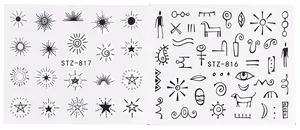 Detailed sheet showing black celestial sun stars and abstract line art nail stickers