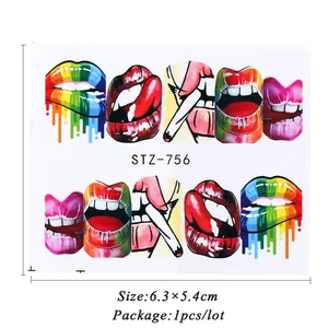 Adesivi per unghie stile graffiti con labbra rosse e disegni arcobaleno, 6,3x5,4 cm