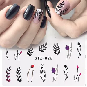 Adesivi per unghie con foglie verdi e rose rosse per decorazione artistica fai-da-te