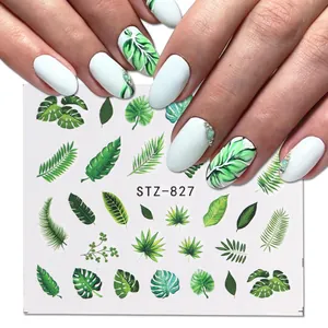 Detailed view of tropical green leaf nail water stickers STZ-827 with palm and fern motifs