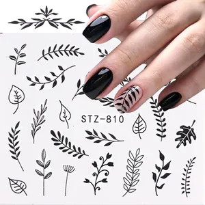 Black Leaf Floral Vine Nail Stickers Star Moon Minimalist Line Art Water Transfer Decals For Women DIY Nail Art Decorations