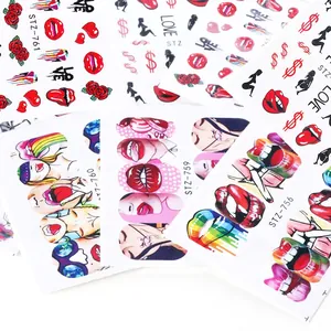 Dettaglio di vari adesivi per nail art con labbra rosse rose e codici SKU STZ-761